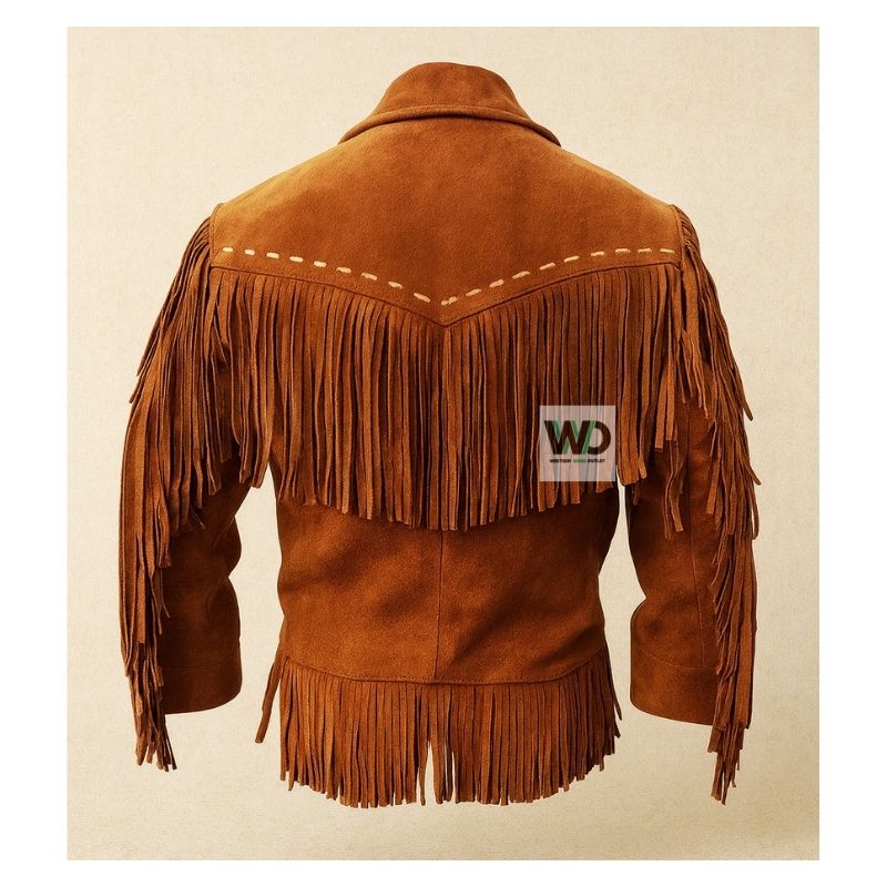 Men’s tan suede fringe jacket back view western style tassels