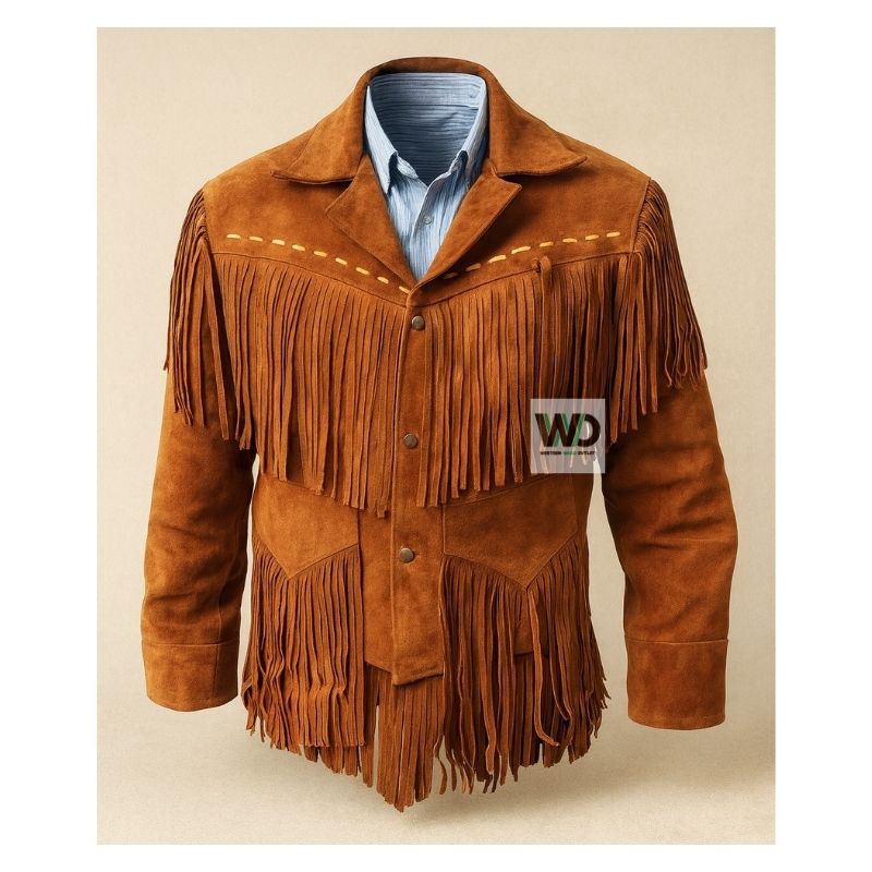 Mens tan suede cowboy fringe jacket full tassel front view