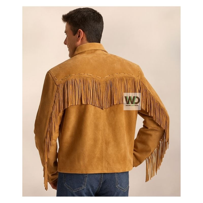 Men’s tan suede fringe jacket back view tassel detail