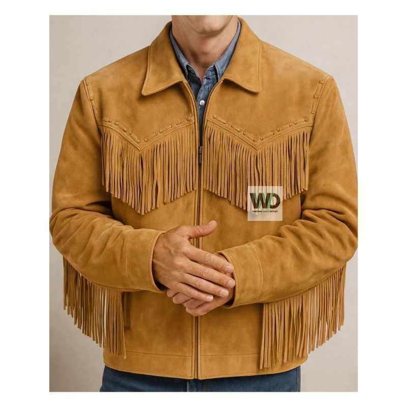 Mens tan suede fringe jacket western cowboy style front view