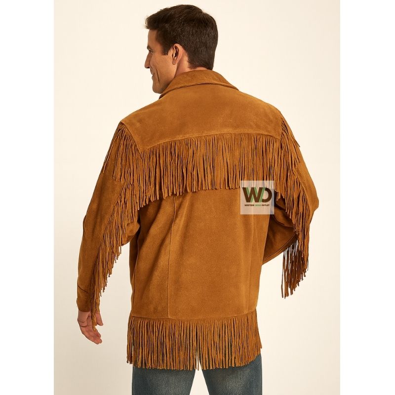 Men’s tan suede fringe jacket back view tassel detail