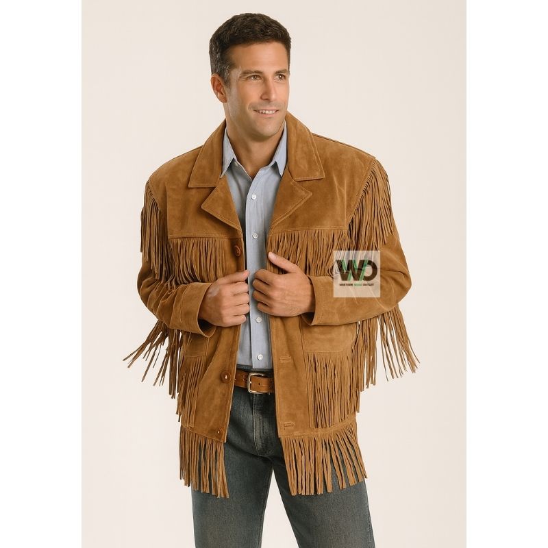Mens tan suede fringe jacket vintage boho western style front view
