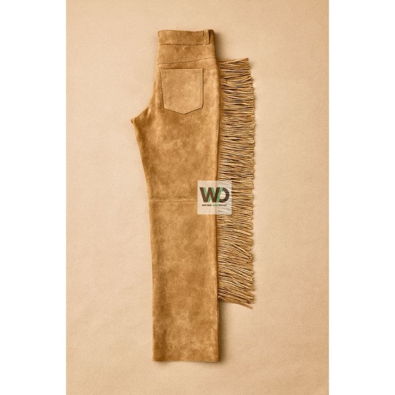 Back view of men’s suede western pants with tassel fringe detail