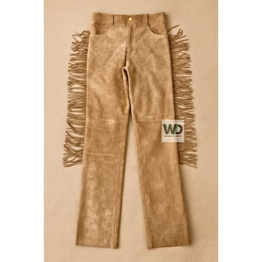 Men’s tan suede fringe pants with long side tassels western style front view