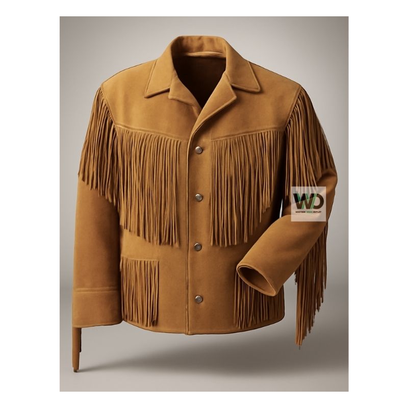 Mens tan suede western fringe jacket cowboy style front view