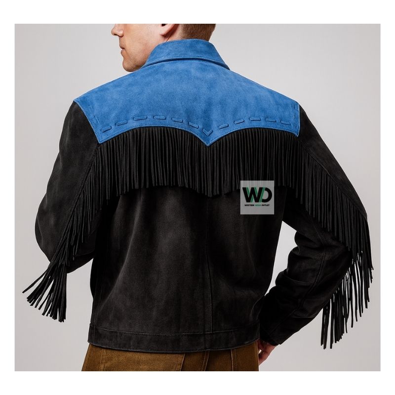 Men’s two tone western fringe jacket back view tassel detail