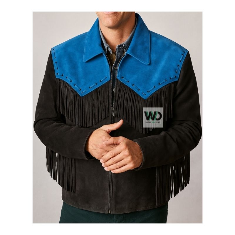 Mens cowboy fringe jacket two tone blue yoke front view