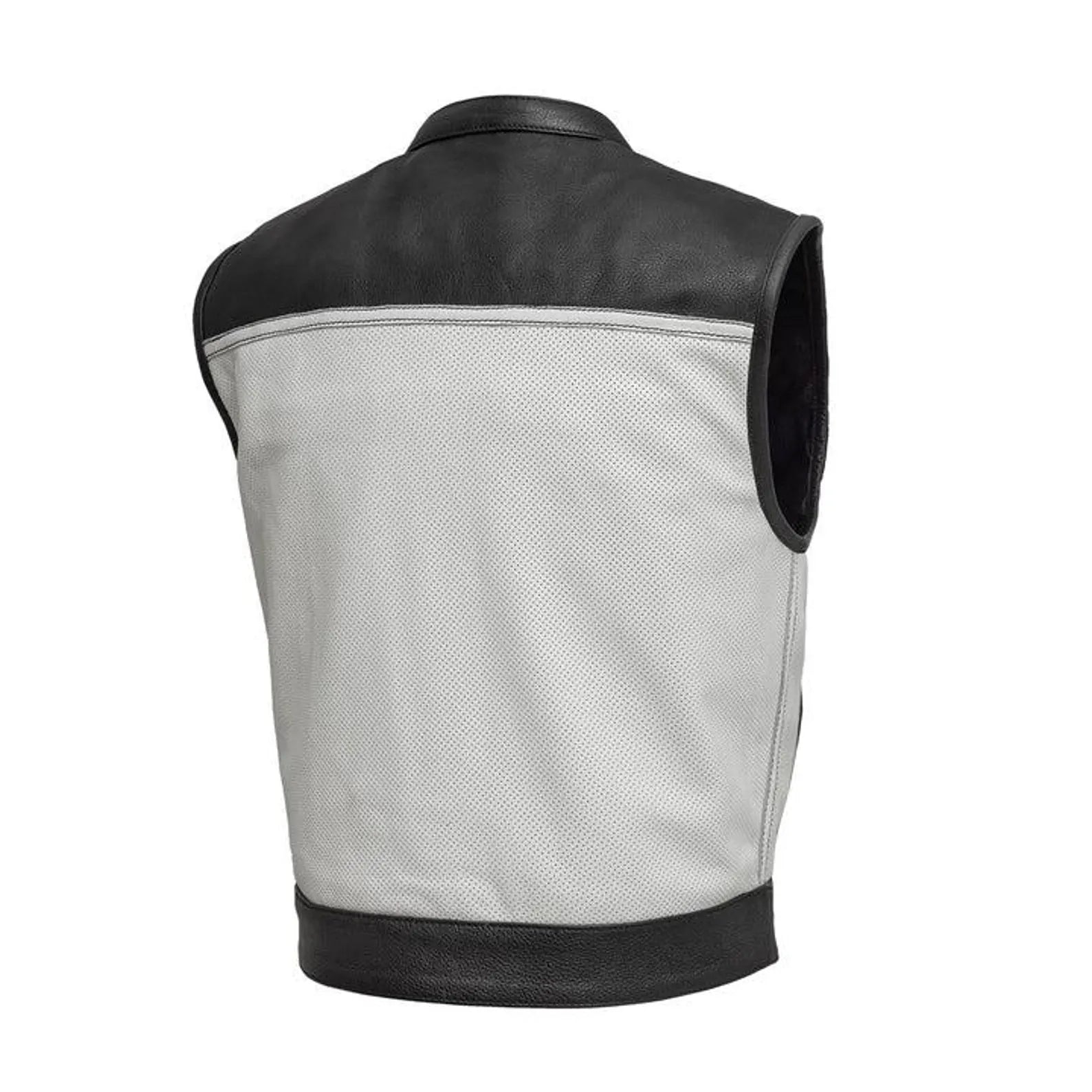 Men’s two tone leather vest back view riding style