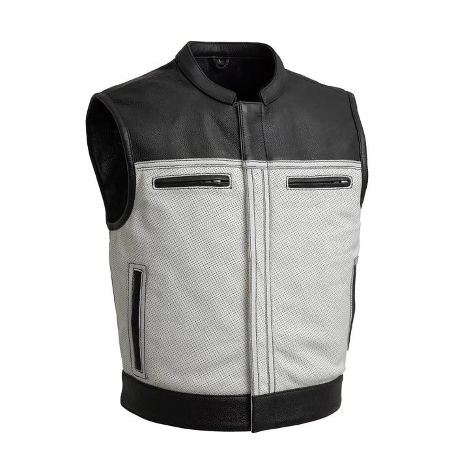 Mens leather biker vest two tone motorcycle riding front view