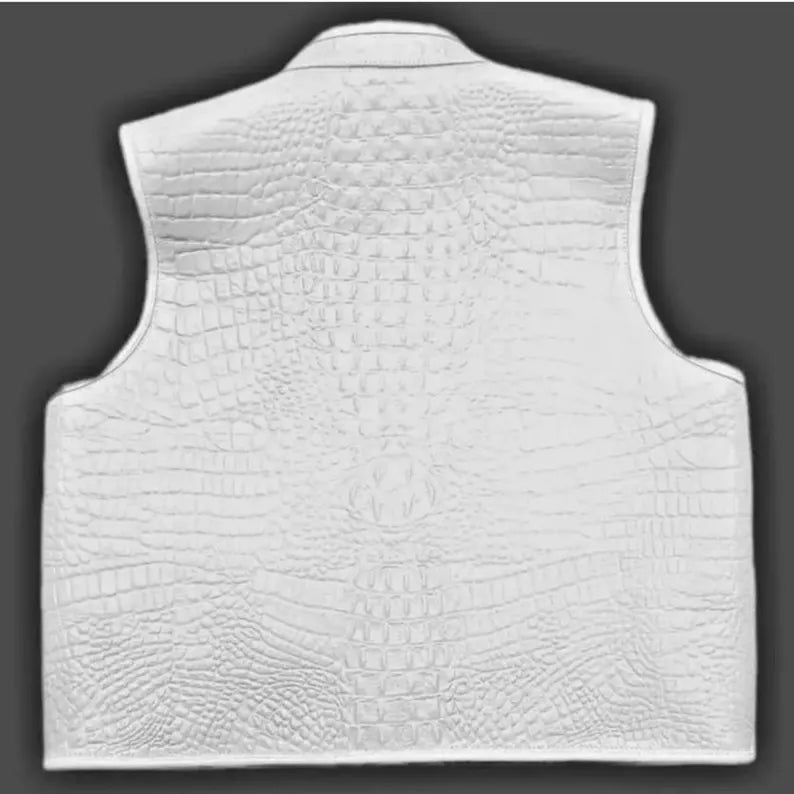 Mens white embossed leather vest back view textured finish