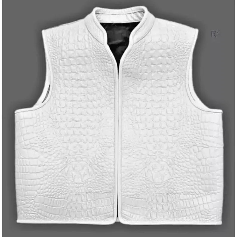 White leather biker vest men alligator embossed front zip view