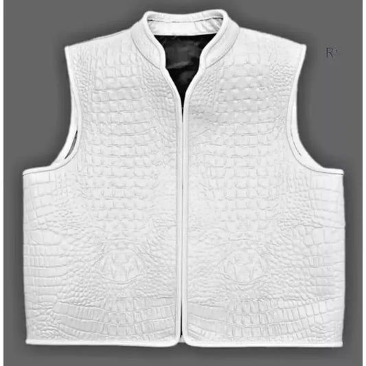 White leather biker vest men alligator embossed front zip view