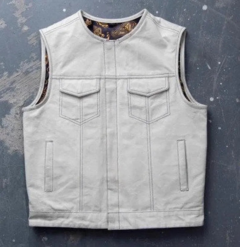 White leather biker vest men snap front clean design front view