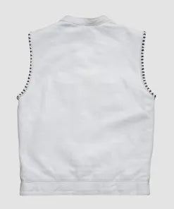 Mens white leather vest back view with contrast stitch detail