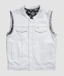 White leather biker vest men contrast stitching armholes front view