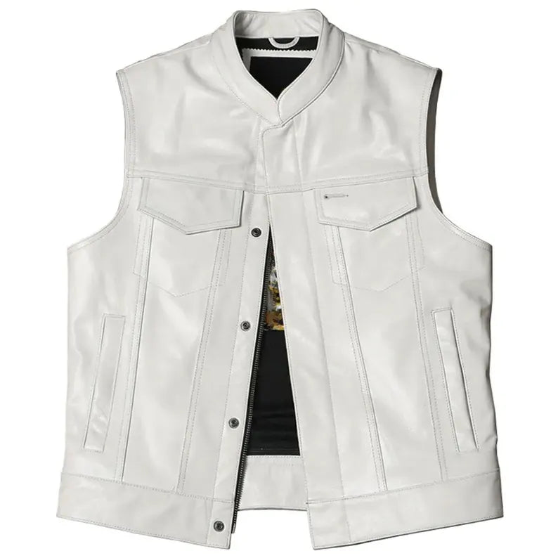Mens white leather vest back view clean structured fit