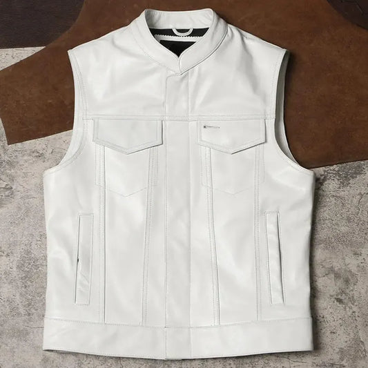 White leather biker vest men mandarin collar front view