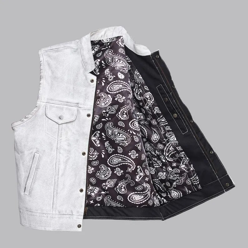 Mens white leather vest back view clean structured fit