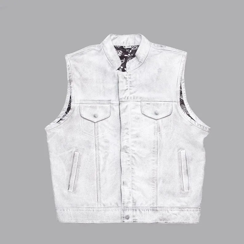 White leather vest men snap front with chest pockets front view