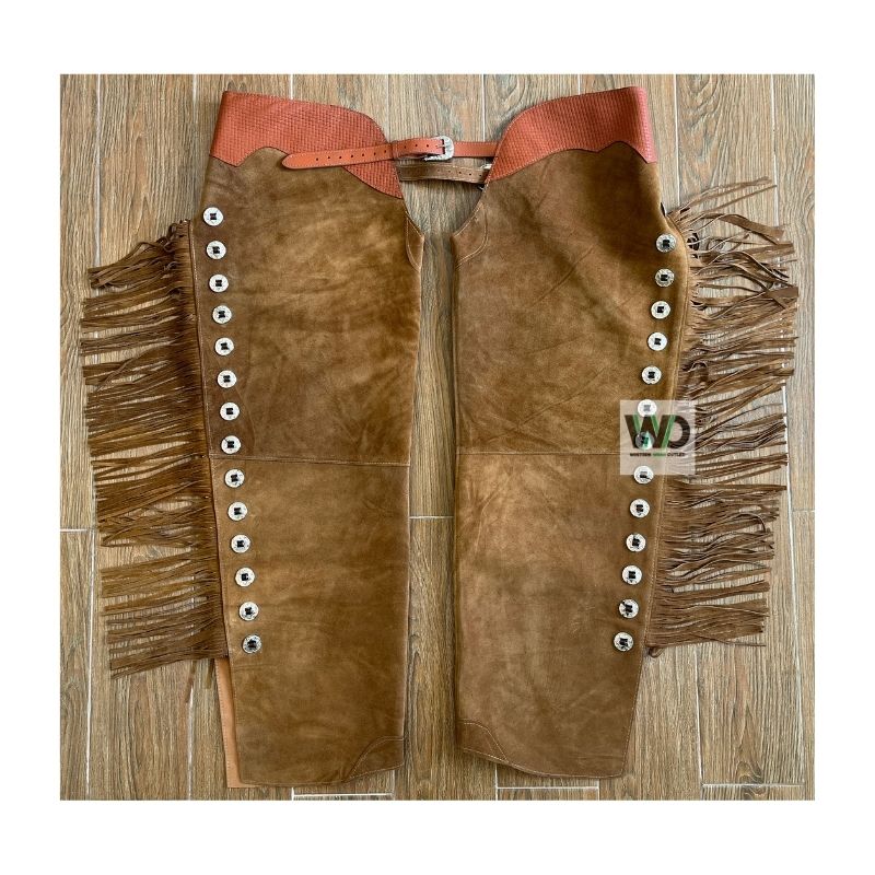 brown fringe leather chaps concho riding