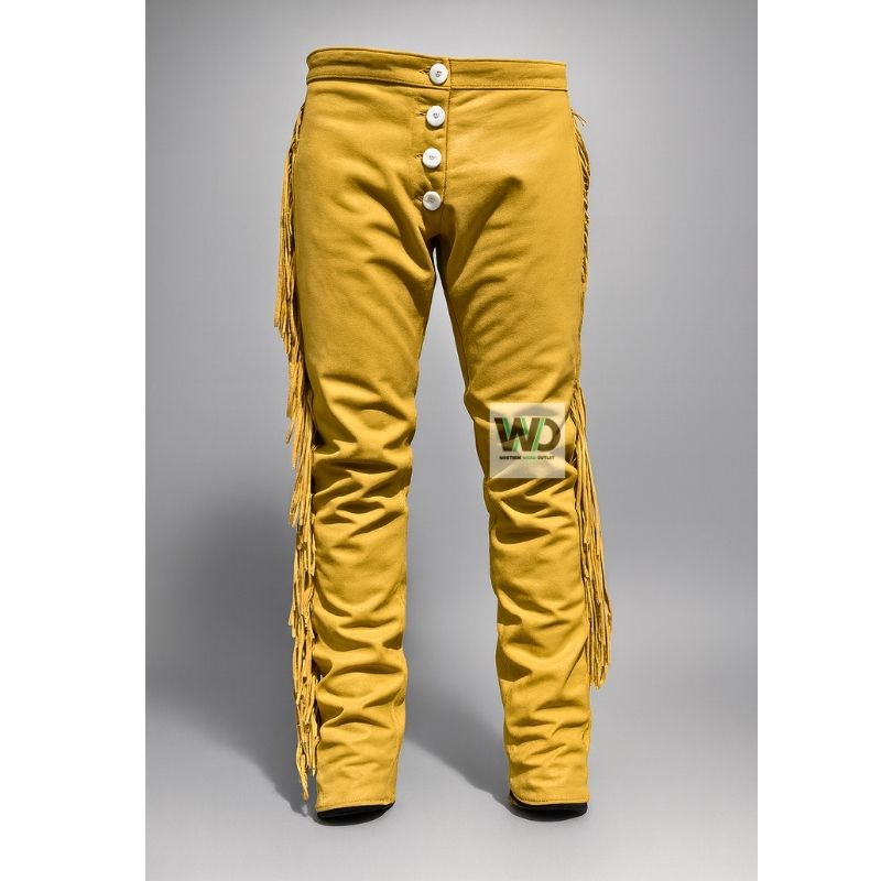 Mustard suede fringe pants with button fly western style front view