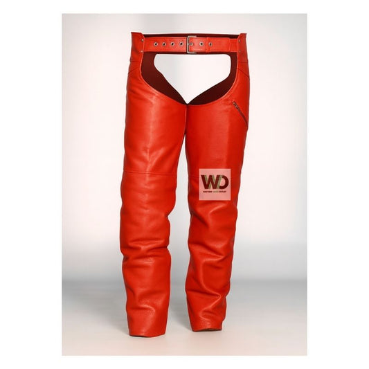 Red leather motorcycle riding chaps with belt front view