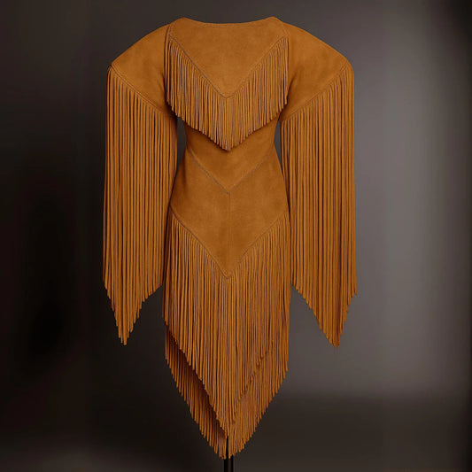 rust brown suede fringe dress western style women
