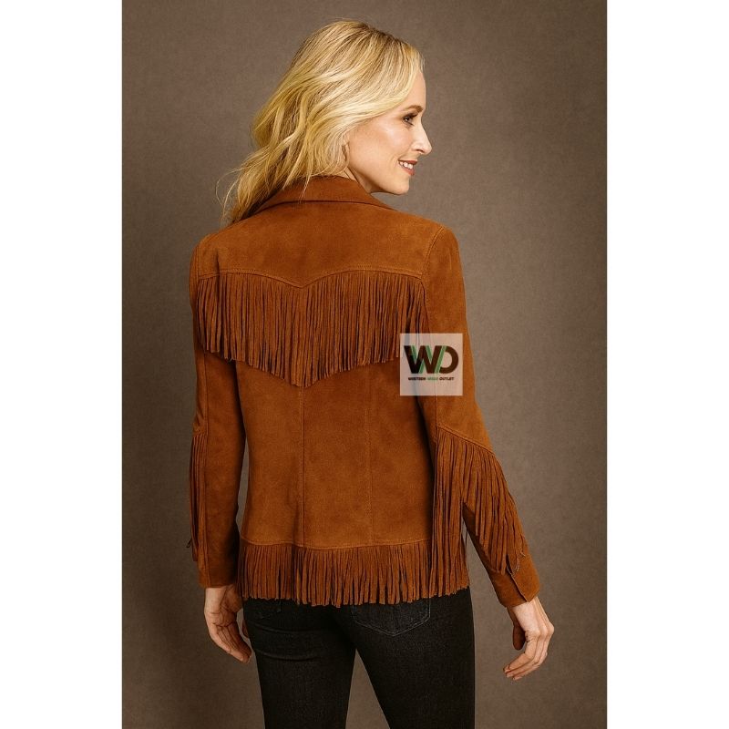 Women’s rust brown suede fringe jacket back view tassel detail