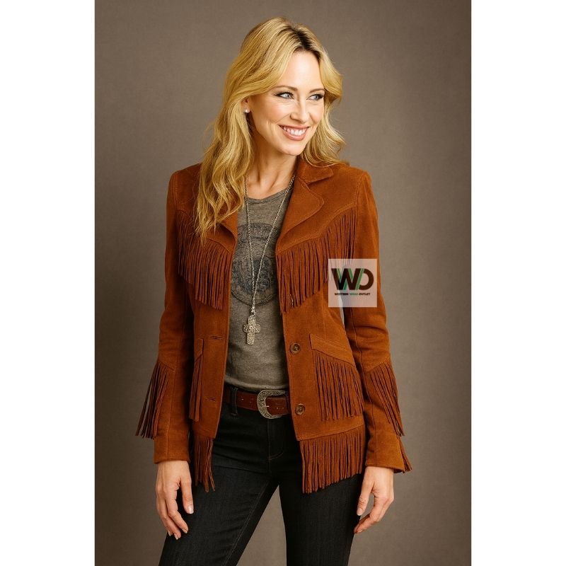 Rust brown suede fringe jacket women button front western coat front view