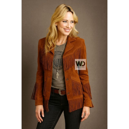 Rust brown suede fringe jacket women button front western coat front view