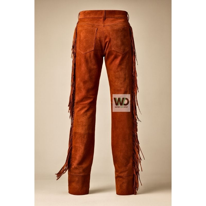Back view of rust brown suede western pants with tassel fringe detail