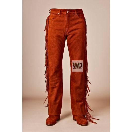 Rust brown suede fringe pants with long side tassels western style front view