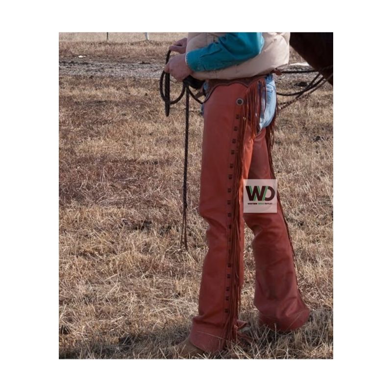 rusty brown fringe leather chaps cowboy style