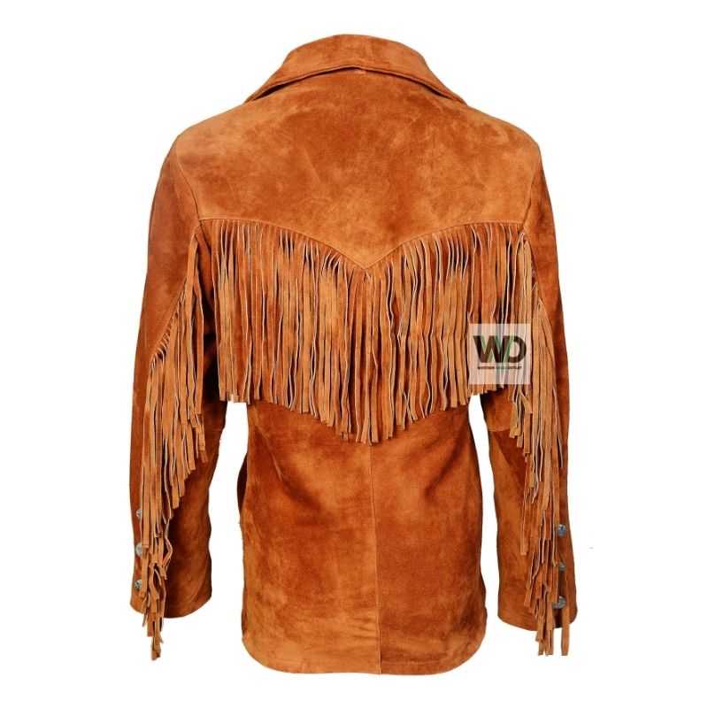 Women’s rusty brown suede fringe jacket back view tassel detail