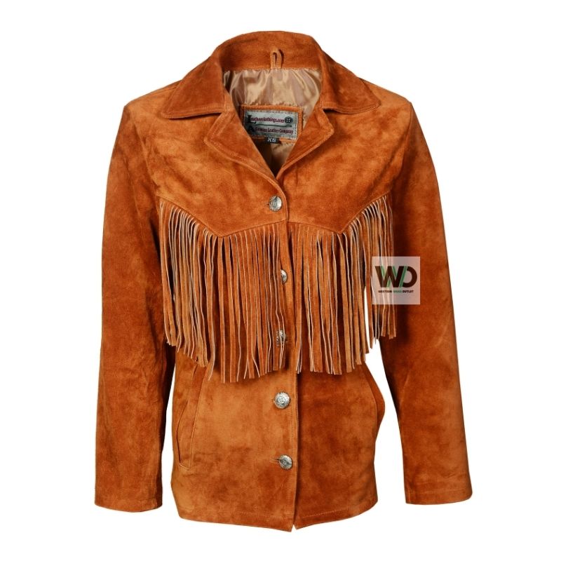 Rusty brown suede fringe jacket women western cowgirl coat front view