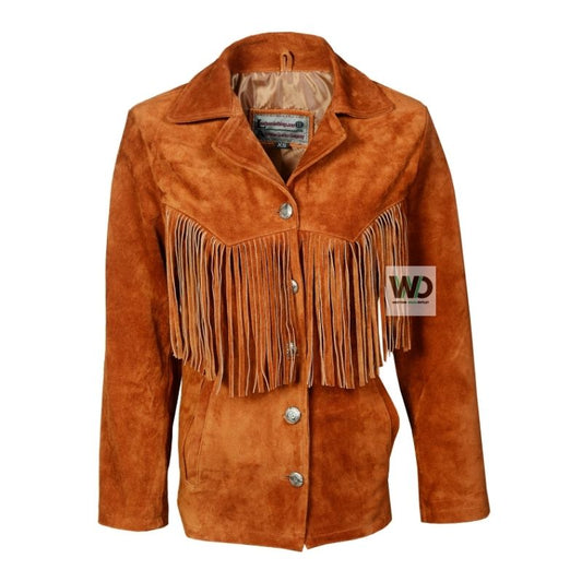 Rusty brown suede fringe jacket women western cowgirl coat front view