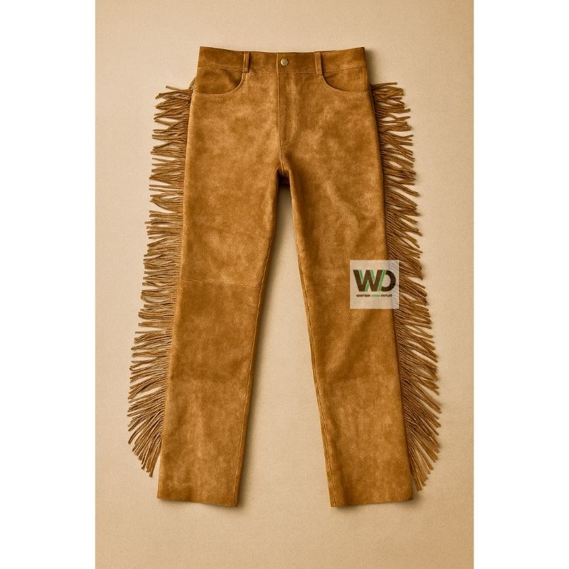 Tan suede fringe pants with long side tassels western style