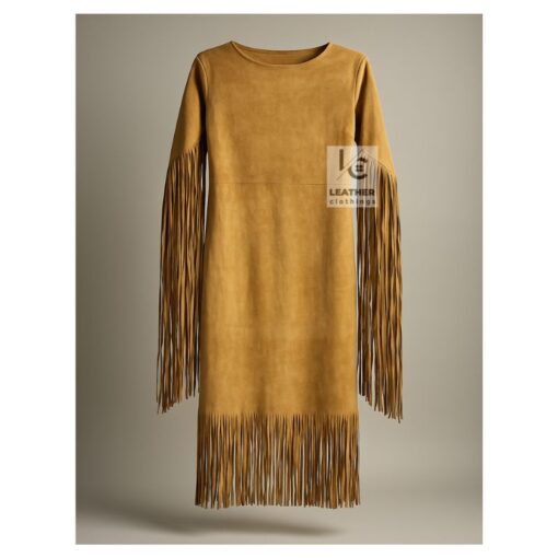 tan suede fringe shift dress western style women