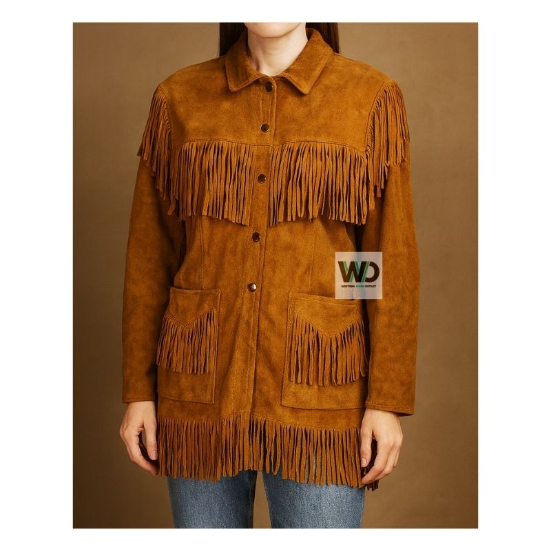 Vintage brown suede fringe jacket women western cowgirl coat front view