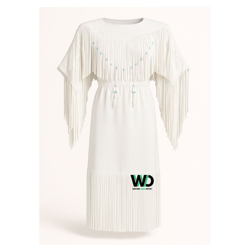 White fringe western maxi dress long tassel front view