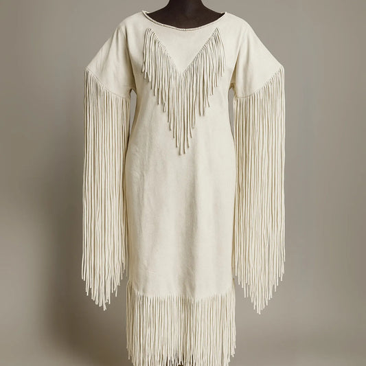 white leather fringe dress western style women
