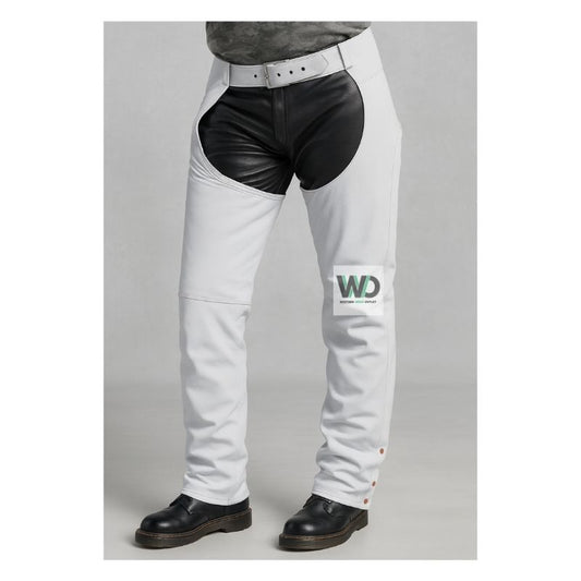 White leather riding chaps with black contrast panel and belt front view