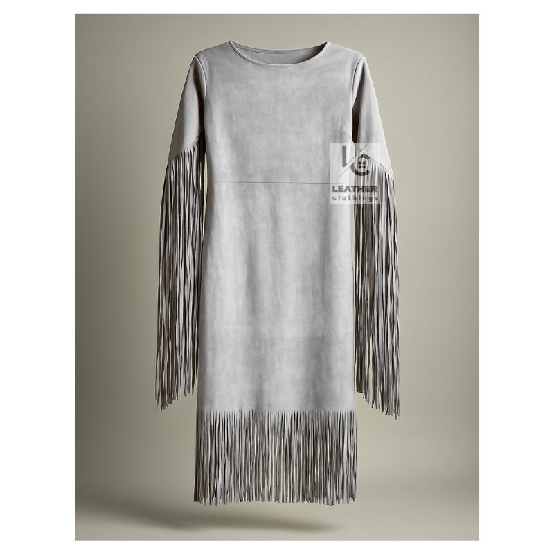 white suede fringe shift dress western style women