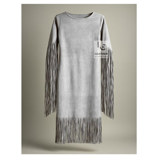 white suede fringe shift dress western style women