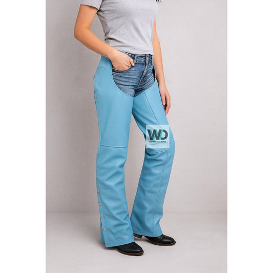 Women’s blue leather chaps with buttoned leg opening front view
