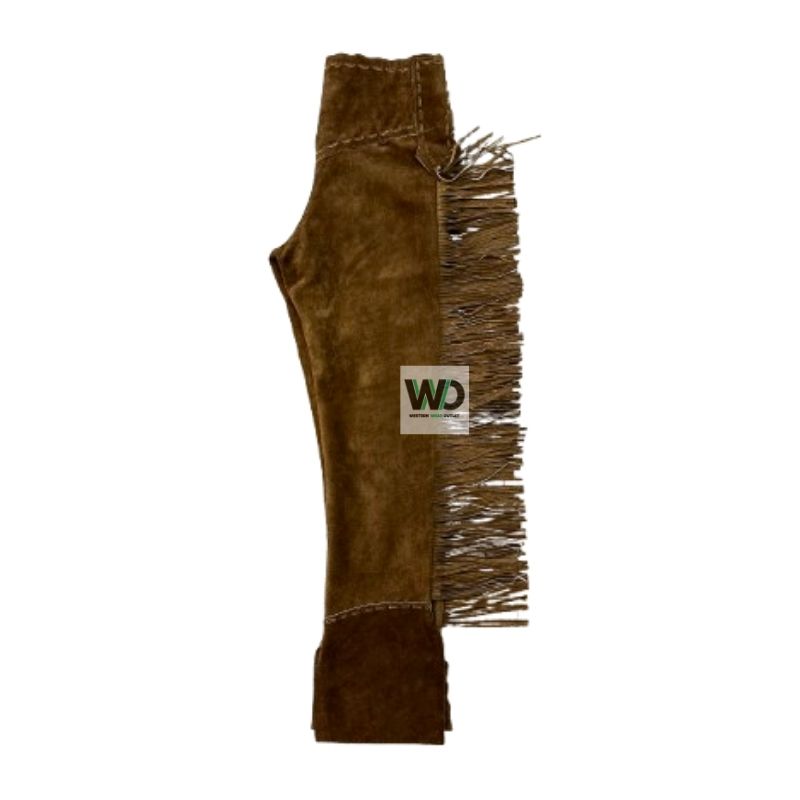 Back view of women’s chocolate brown suede fringe pants western style