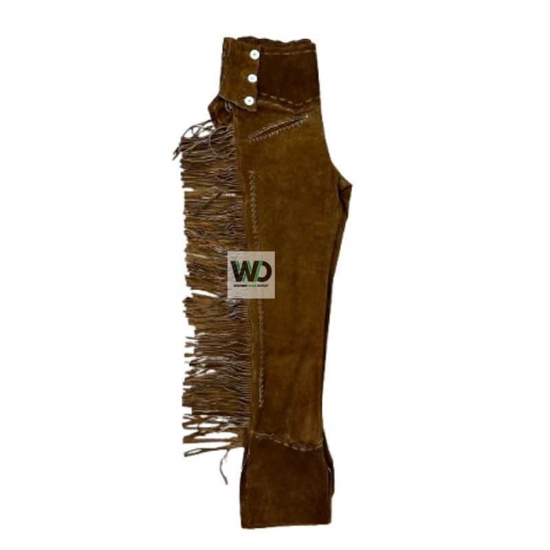 Women’s chocolate suede fringe pants high waisted with white buttons front view