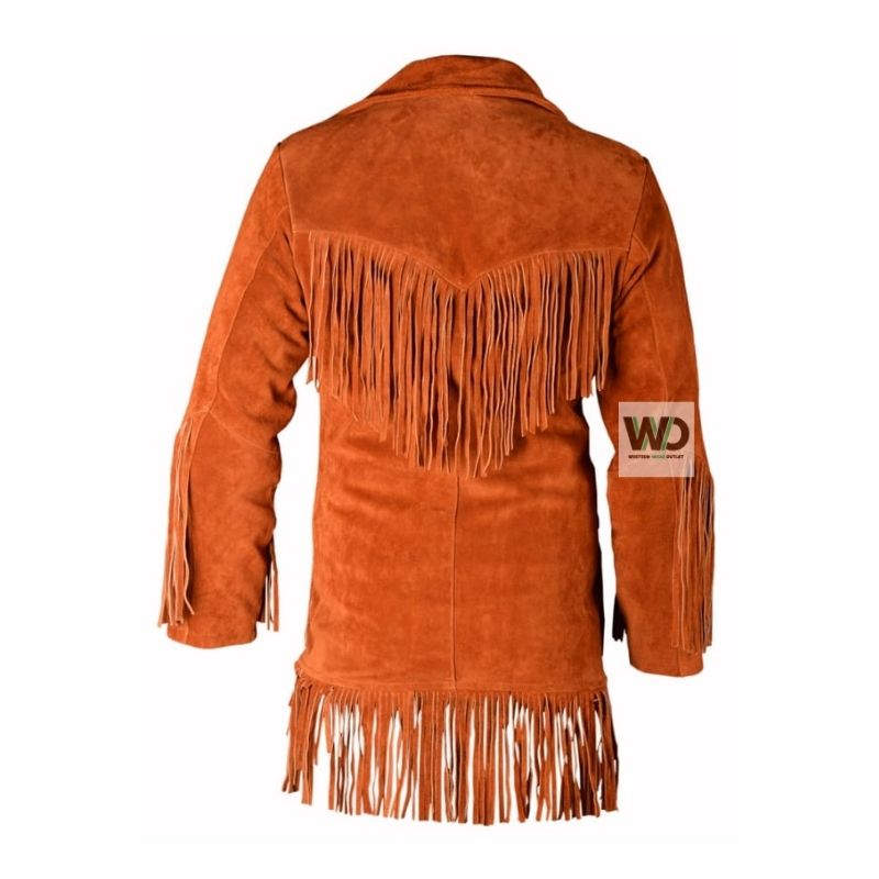 Women’s long fringe suede jacket back view western tassel detail