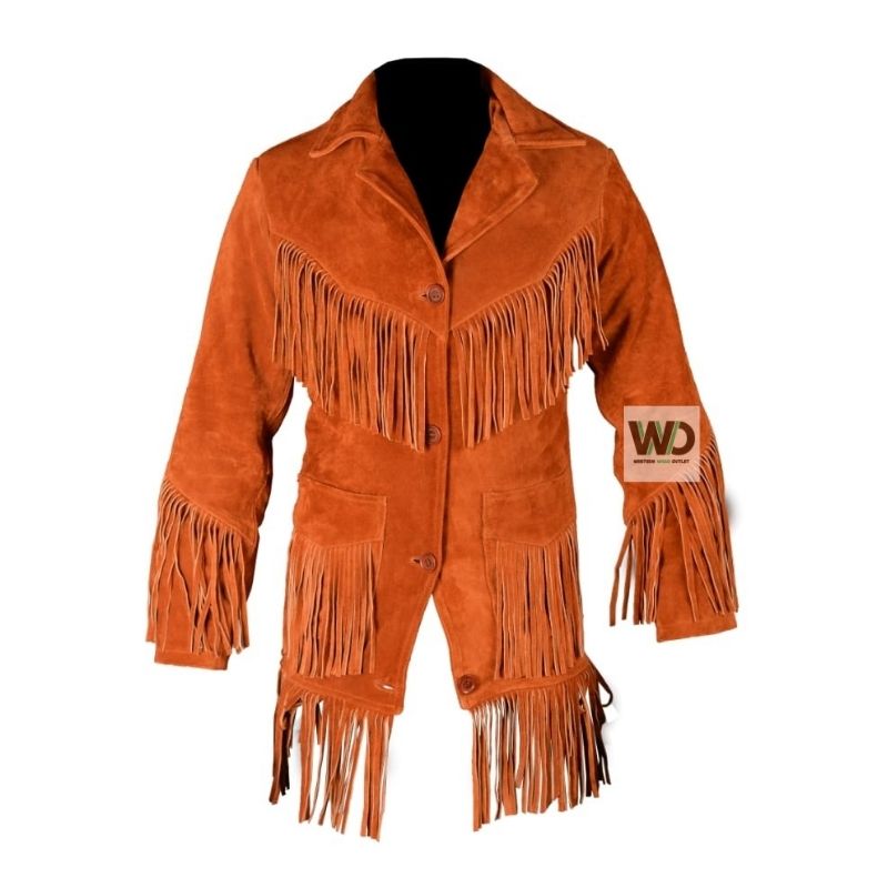 Cowgirl fringe leather jacket long suede western style front view