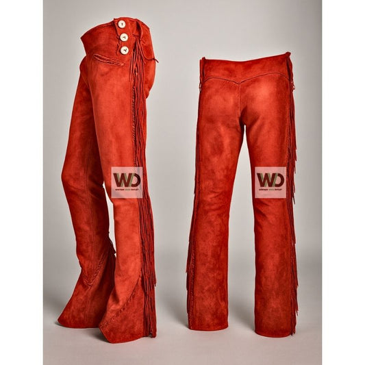 Women’s red suede fringe pants high waisted western style